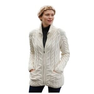 Aran Woollen Mills Cream Cable Knit Zip‎ Up Turtleneck Sweater Size M